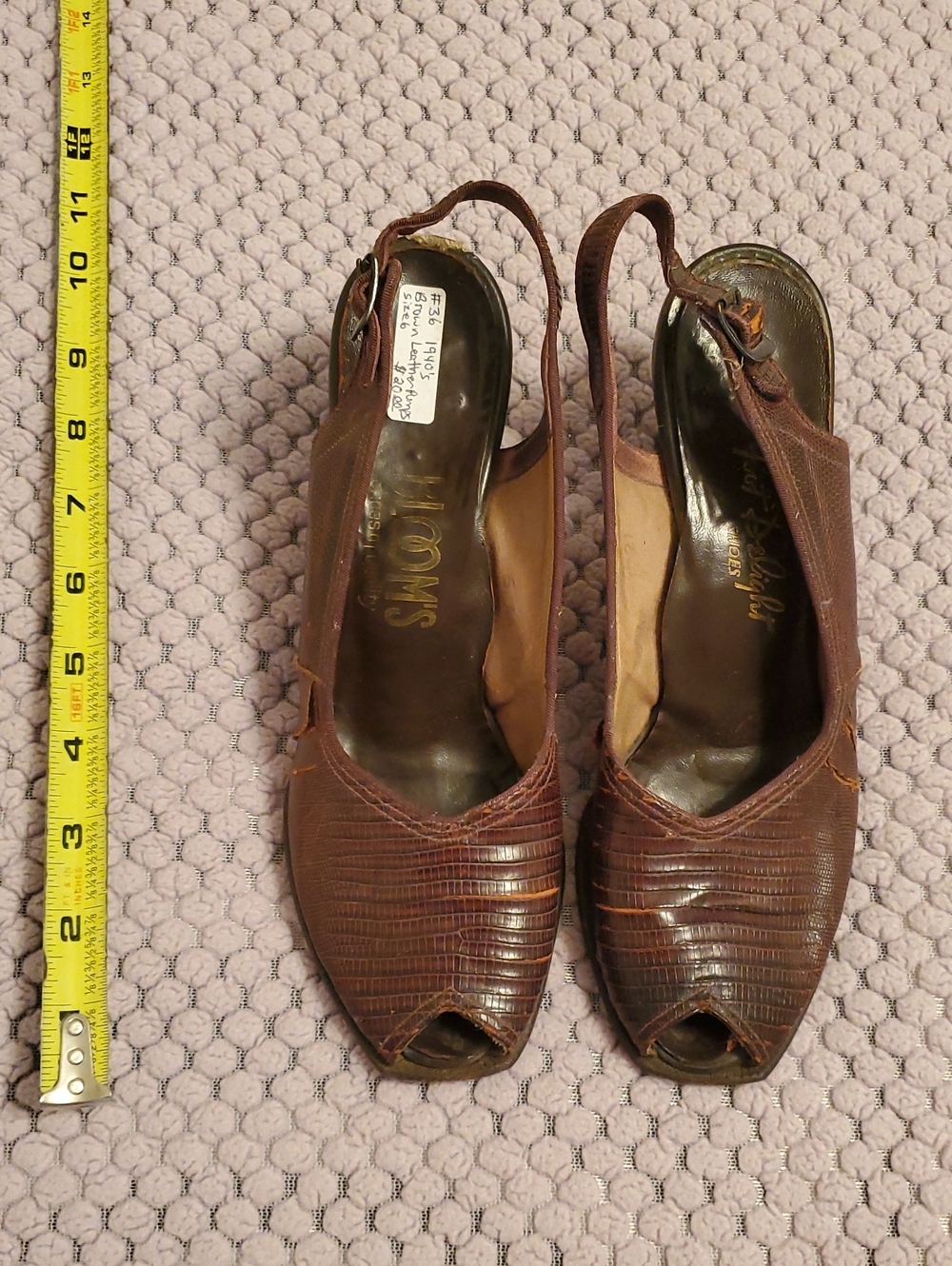 1940s Brown Reptile Skin Leather Peeptoe Slingback Buckle Vintage Pinup Heels